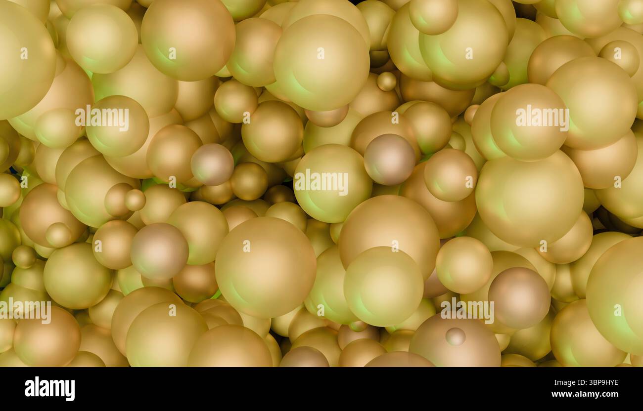 Un amas dense de sphères jaune-vert lumineuses sur un fond sombre. Rendu 3D. Banque D'Images