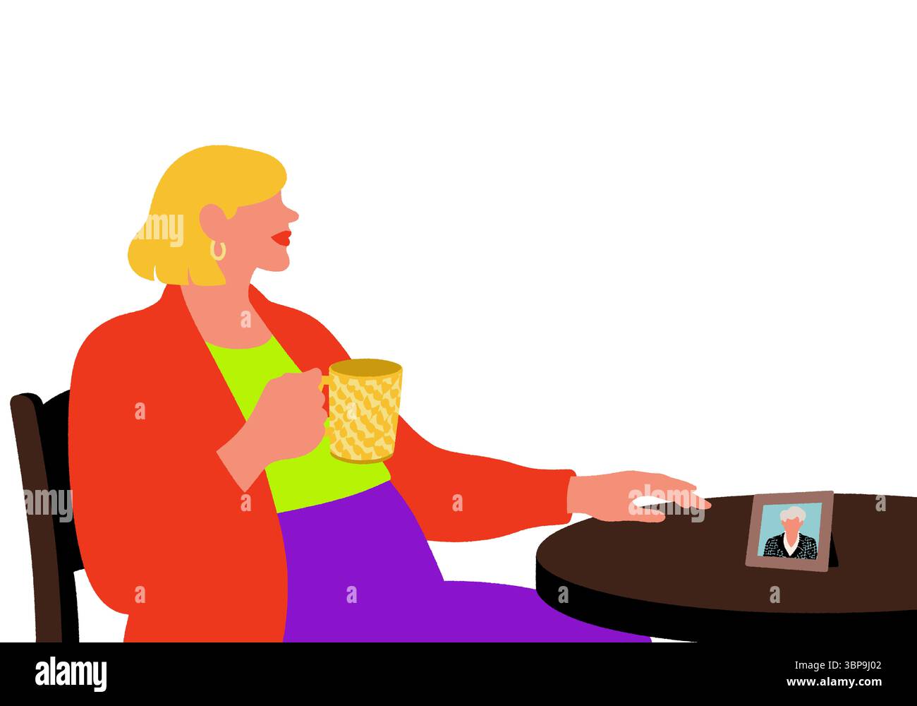 Femme dans des vêtements lumineux tenant une tasse, assise à une table avec une photo encadrée. Illustration Banque D'Images