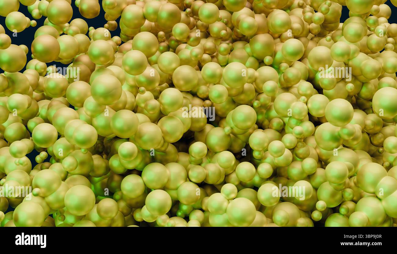 Un amas dense de sphères jaune-vert lumineuses sur un fond sombre. Rendu 3D. Banque D'Images