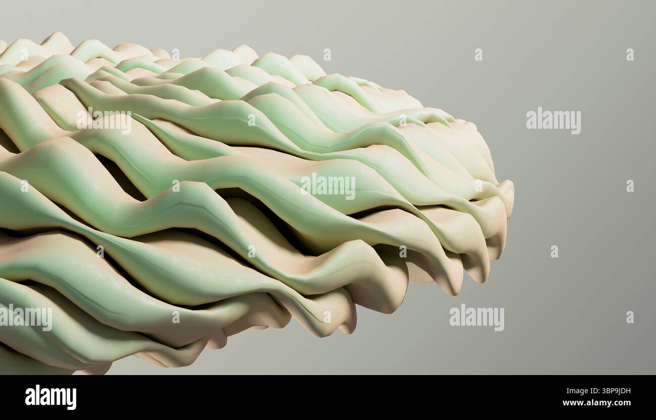 Structure ondulée abstraite avec des tons vert pastel et crème sur un fond clair. Rendu 3D. Banque D'Images