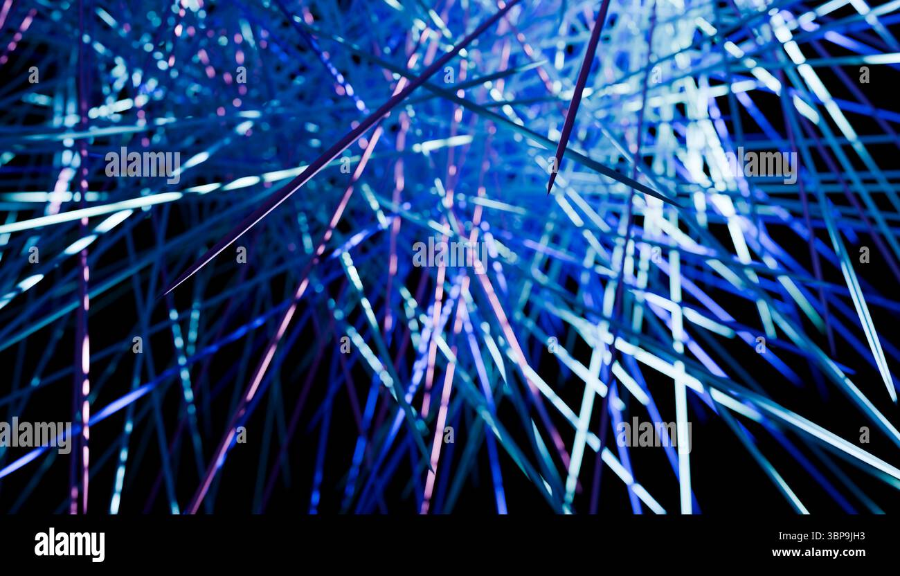 Les faisceaux lumineux bleus et violets vibrants se croisent sur un fond sombre. Rendu 3D. Banque D'Images