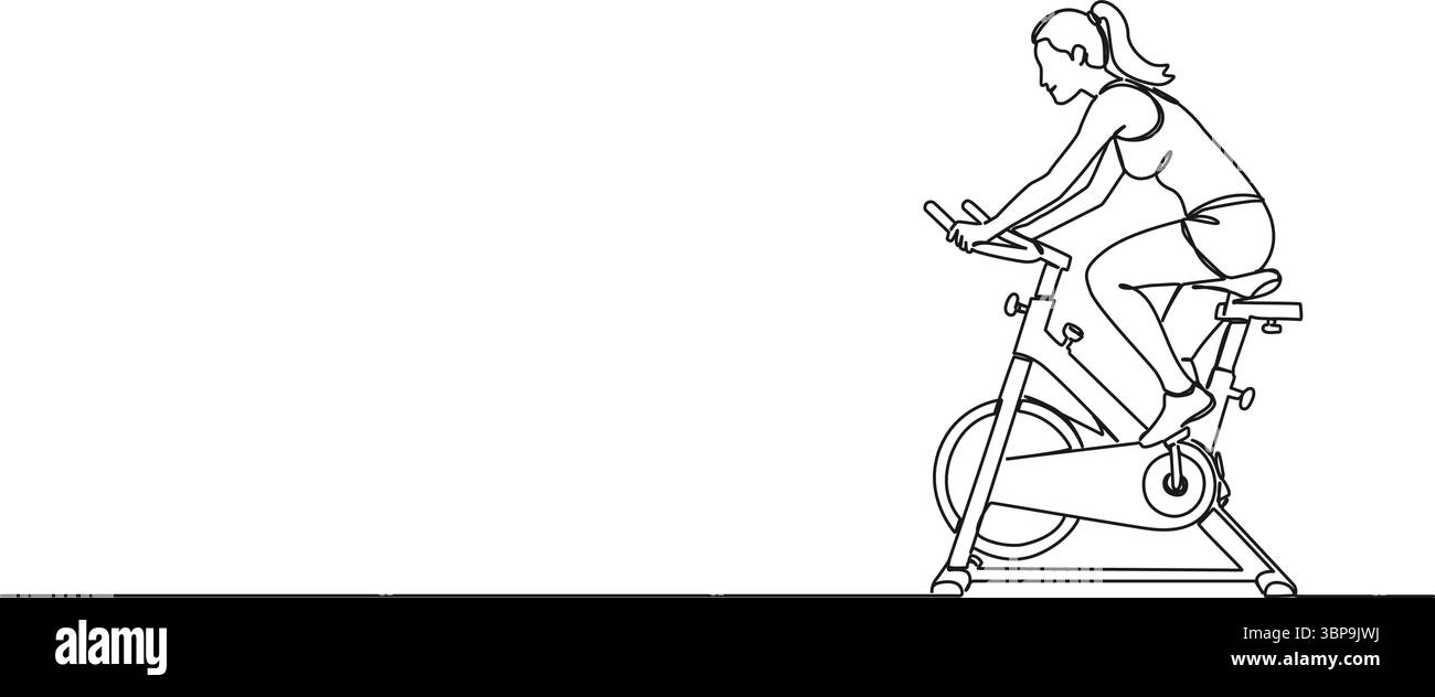 dessin simple continu de femme exerçant sur le vélo de vélo d'intérieur, illustration vectorielle d'art de ligne Illustration de Vecteur