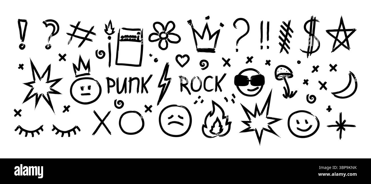 Abstrait éléments dessinés à la main graffiti punk gribouilles et griffonnages de différentes formes, étoiles de couronne Smileys flèches et divers symboles dessinés à la craie Illustration de Vecteur