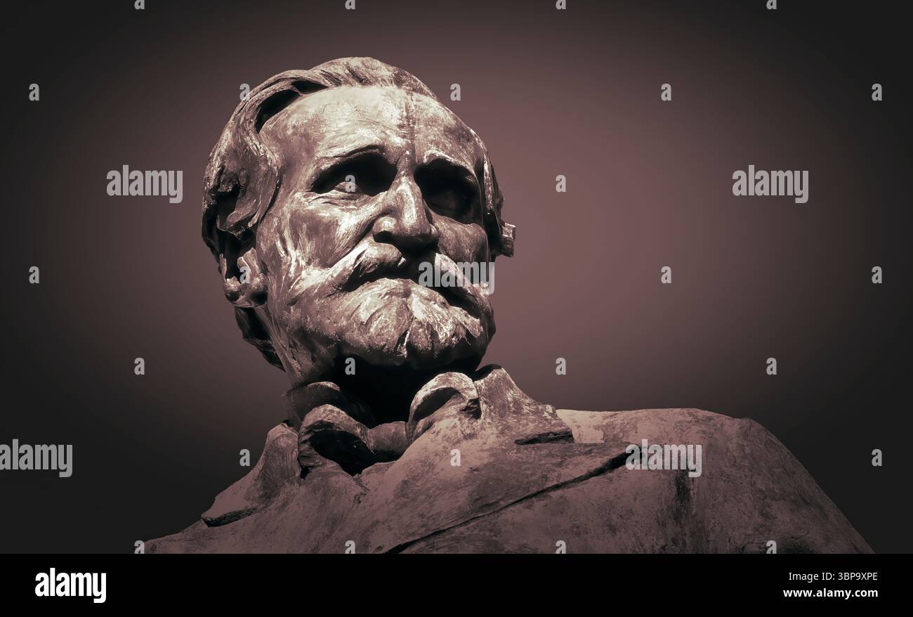Monument de Verdi en face de Rocca dei Marchesi Pallavicino, Piazza Giuseppe Verdi, Busseto, Province de Parme, Emilie-Romagne, Italie, Europe, édité numériquement Banque D'Images