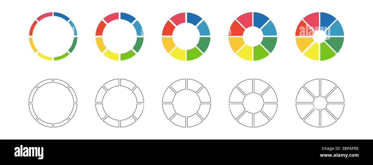Tableaux en forme de donut, secteurs segmentés sur 8 parties égales. Roues divisées en huit sections. Diagrammes infographie ensemble multicolore. Graphique de section circulaire. Pizza Illustration de Vecteur