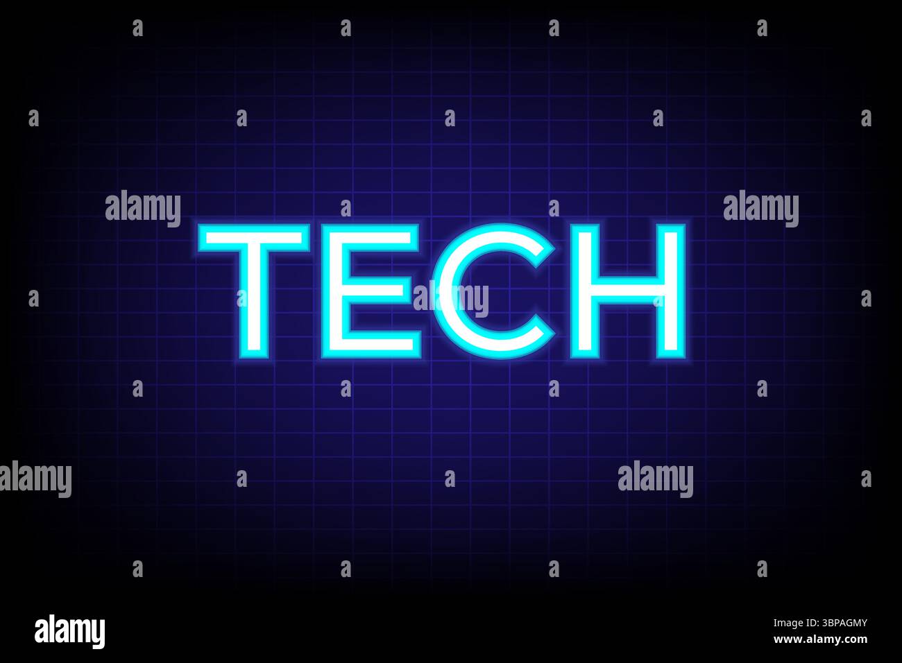 Néon lumineux texte 'TECH' sur un fond de grille numérique sombre, thème de technologie futuriste et moderne, illustration vectorielle Illustration de Vecteur