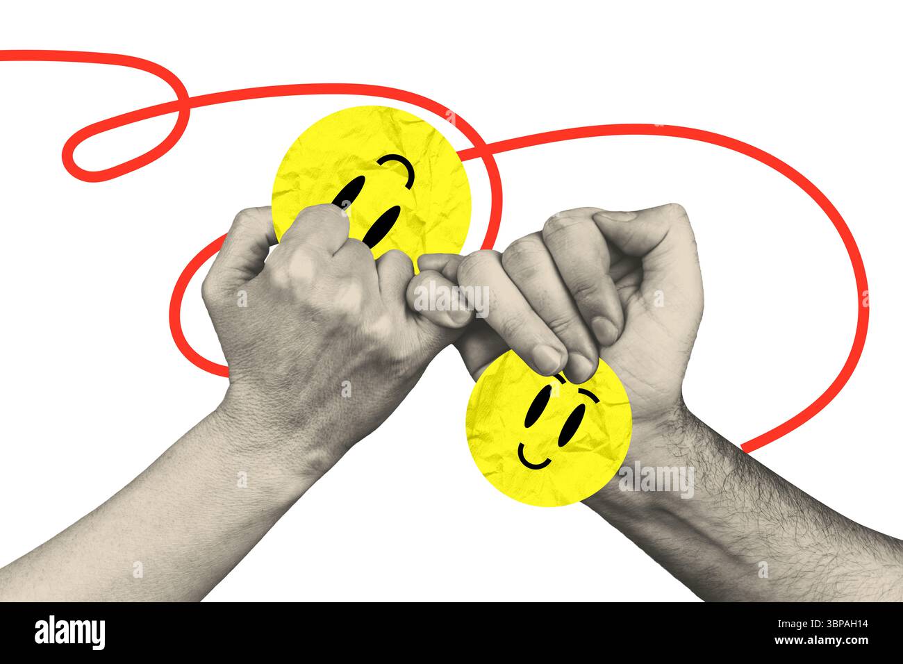 Modèle de croquis composite tendance collage de photos 3D de geste deux mains tiennent ensemble visage pinky icône smiley esquisse sociale dessin animé Banque D'Images