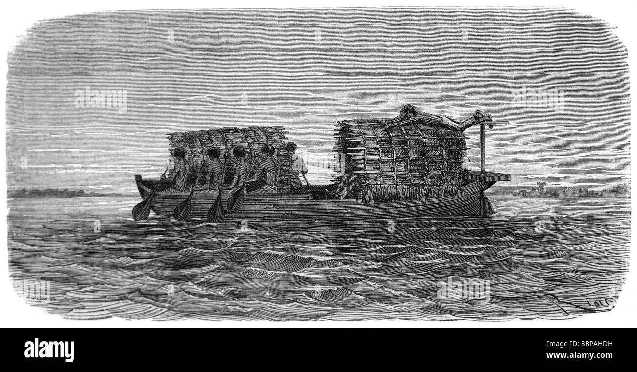 Bateau fluvial natif ou canoë couvert, connu sous le nom d'Egaritea, sur la rivière supérieure Amazone Amérique du Sud. Gravure ou illustration vintage ou historique. Banque D'Images