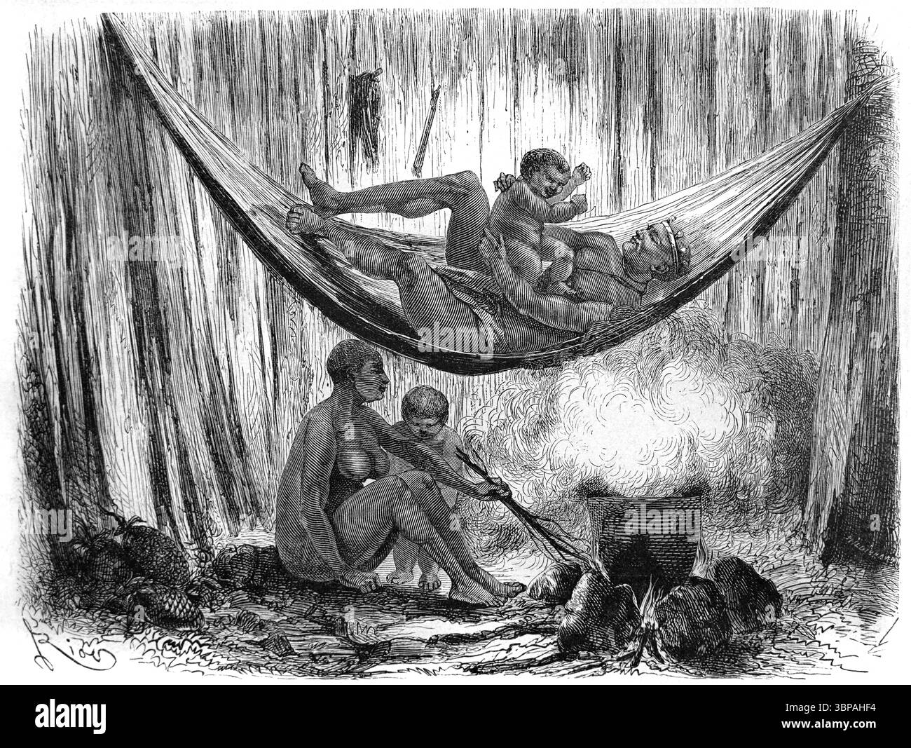Famille d'Indiens Yagua, amérindiens, indigènes ou ethniques, se relaxant dans des hamacs dans Tribal Hut, de Colombie et du nord-est du Pérou dans la région du bassin amazonien en Amérique du Sud. Illustration vintage ou historique ou gravure 1866 Banque D'Images