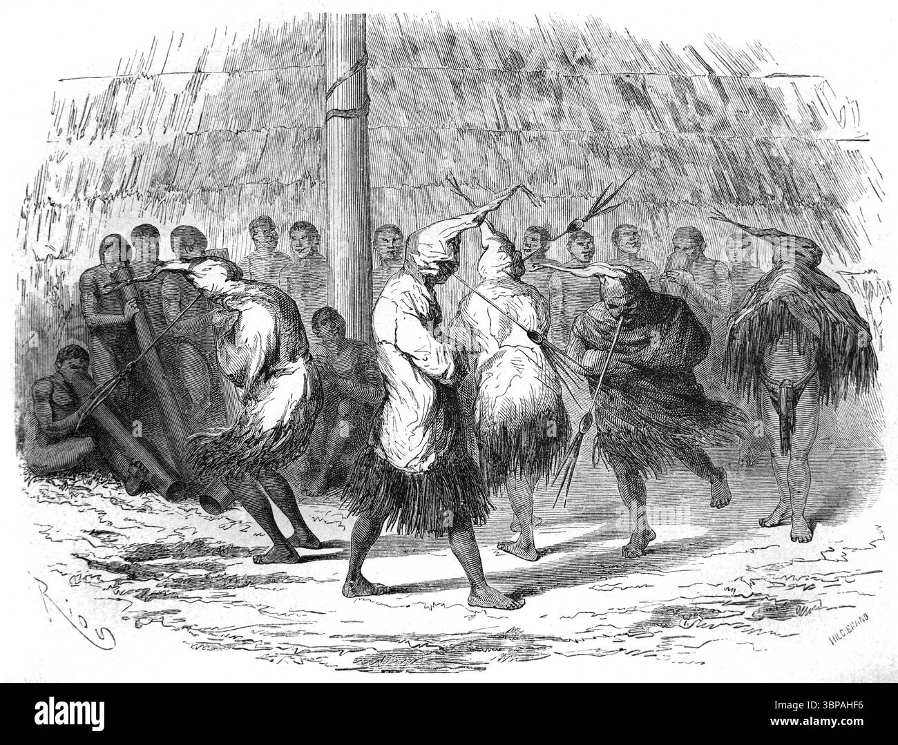 Danse ethnique ou danse tribale des Indiens Yagua, Amérindiens, autochtones ou ethniques de Colombie et du nord-est du Pérou dans la région du bassin amazonien en Amérique du Sud. Illustration vintage ou historique ou gravure 1866 Banque D'Images