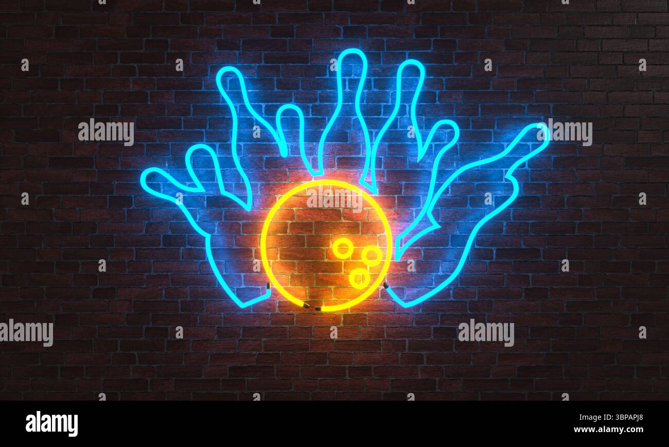 Boule de bowling faisant tomber des épingles signe de néon sur le mur de briques 3D. Banque D'Images