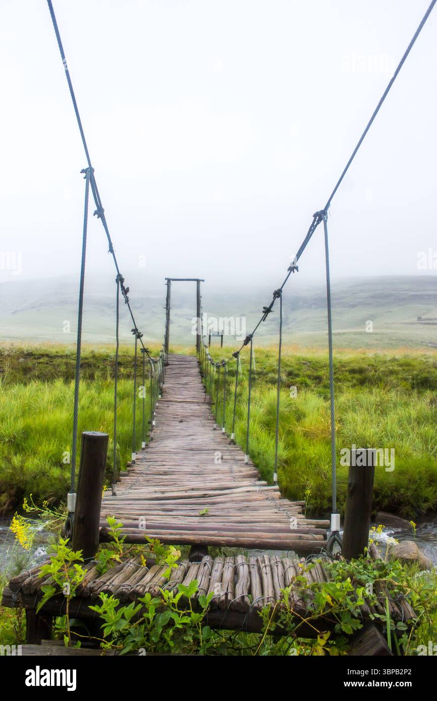 Un pont suspendu mouvementé, traversant un ruisseau de montagne à débit rapide dans les montagnes du Drakensberg, avec l'autre côté caché par la brume tôt le matin. Banque D'Images