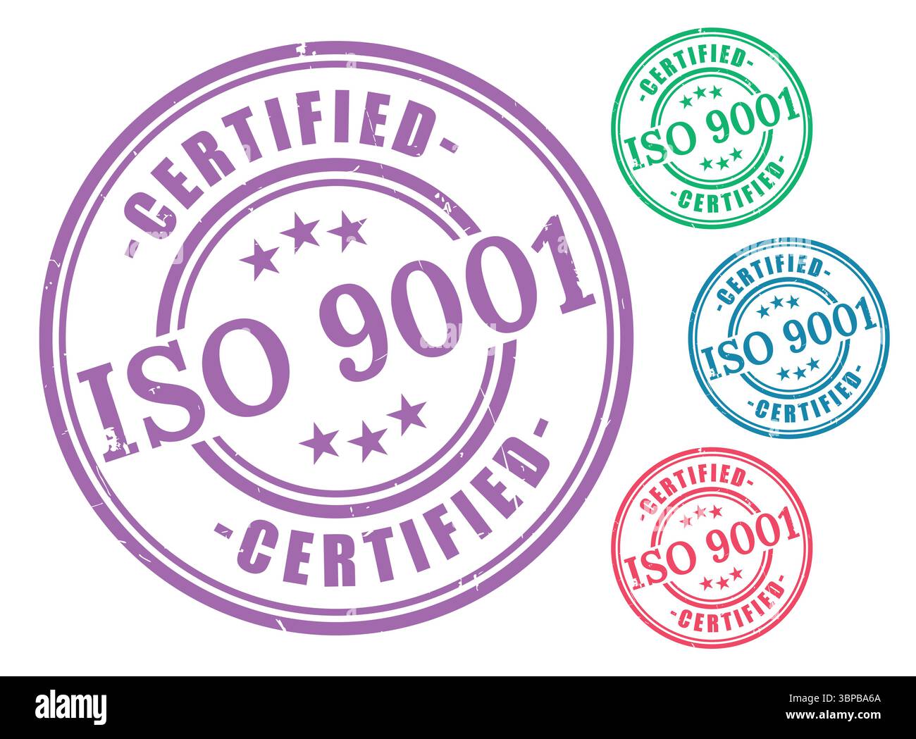 Étiquettes de garantie ISO 9001, scellés vectoriels pour la gestion de la qualité Illustration de Vecteur