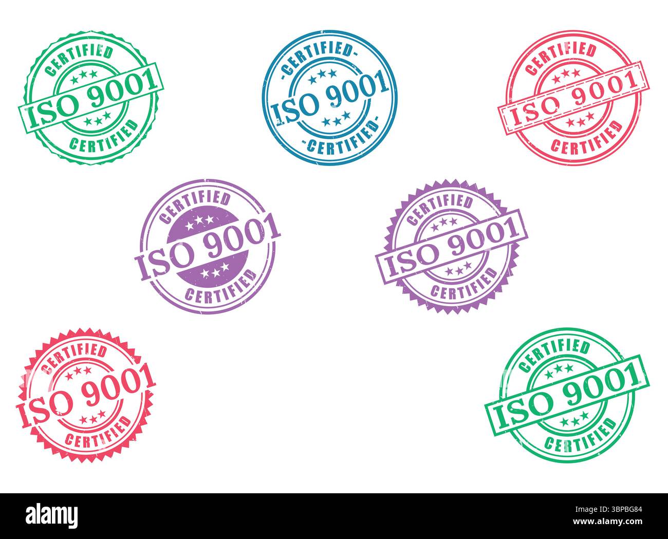 Collection de timbres Grunge certifiés ISO 9001, badges de gestion de la qualité Illustration de Vecteur