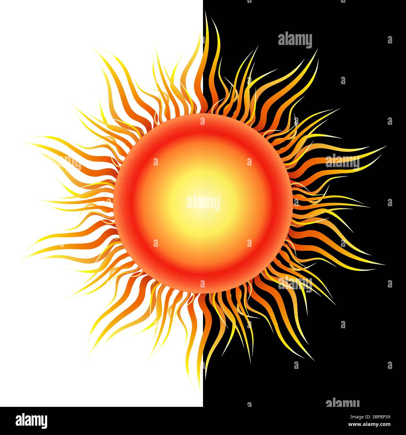 Mandala solaire. Énergie positive du soleil. Illustration vectorielle lumineuse du soleil sur fond noir et blanc. Elément de conception solaire rond isolé. Lumineux Illustration de Vecteur