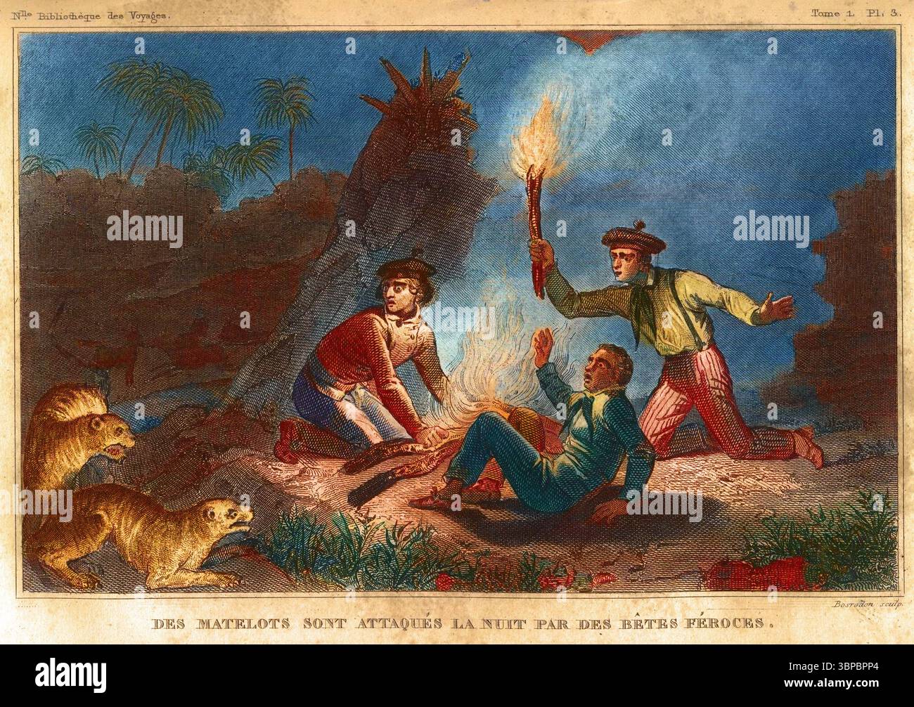 Voyage du capitaine John Byron - les marins sont attaqués la nuit par des bêtes féroces - gravure de : « Nouvelle Bibliothèque des voyages anciens et modernes » 1844 Banque D'Images