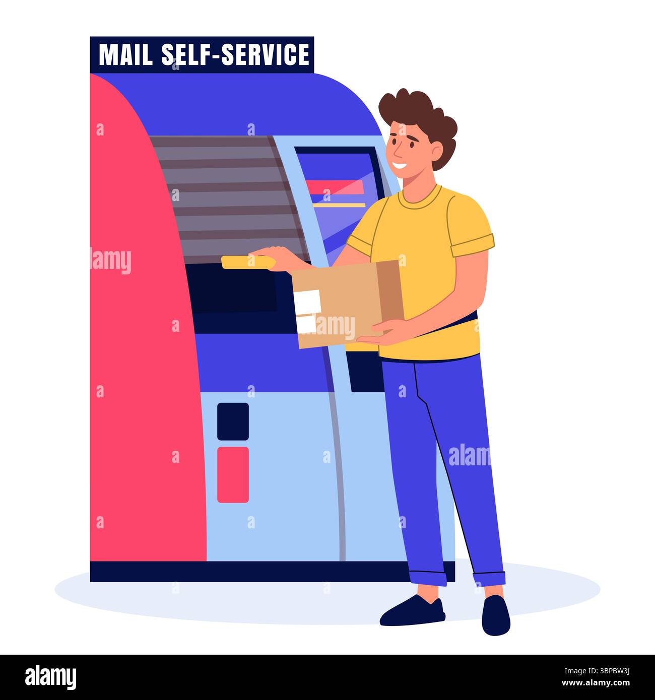 Homme utilisant un casier d'expédition libre-service. Illustration vectorielle. Homme avec boîte postale près de la chute automatique de colis. Concept pour les services de livraison, e-commerce Illustration de Vecteur