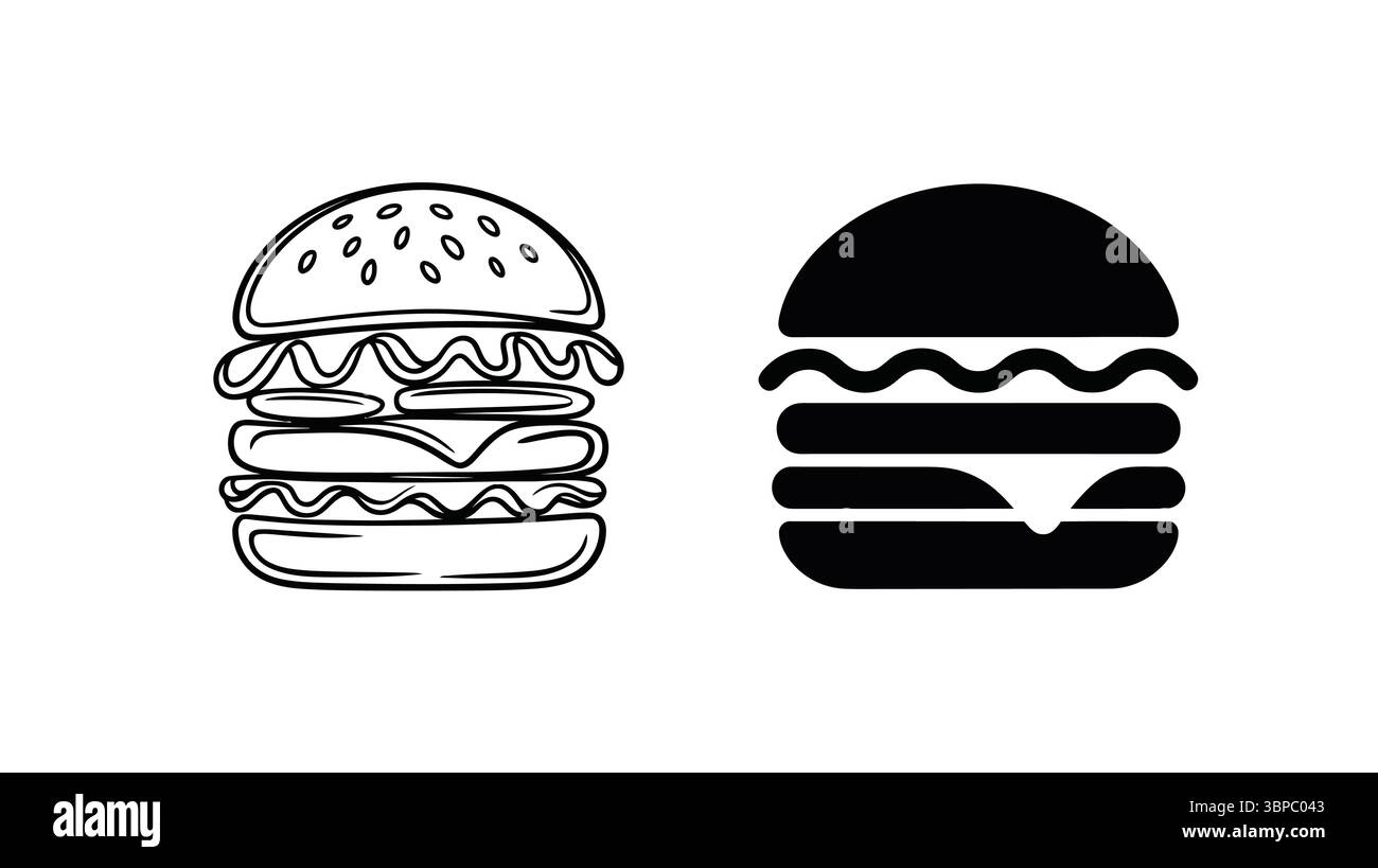 Deux illustrations de hamburger l'une en contour et l'autre en noir solide sur un fond blanc d'art vectoriel Illustration de Vecteur