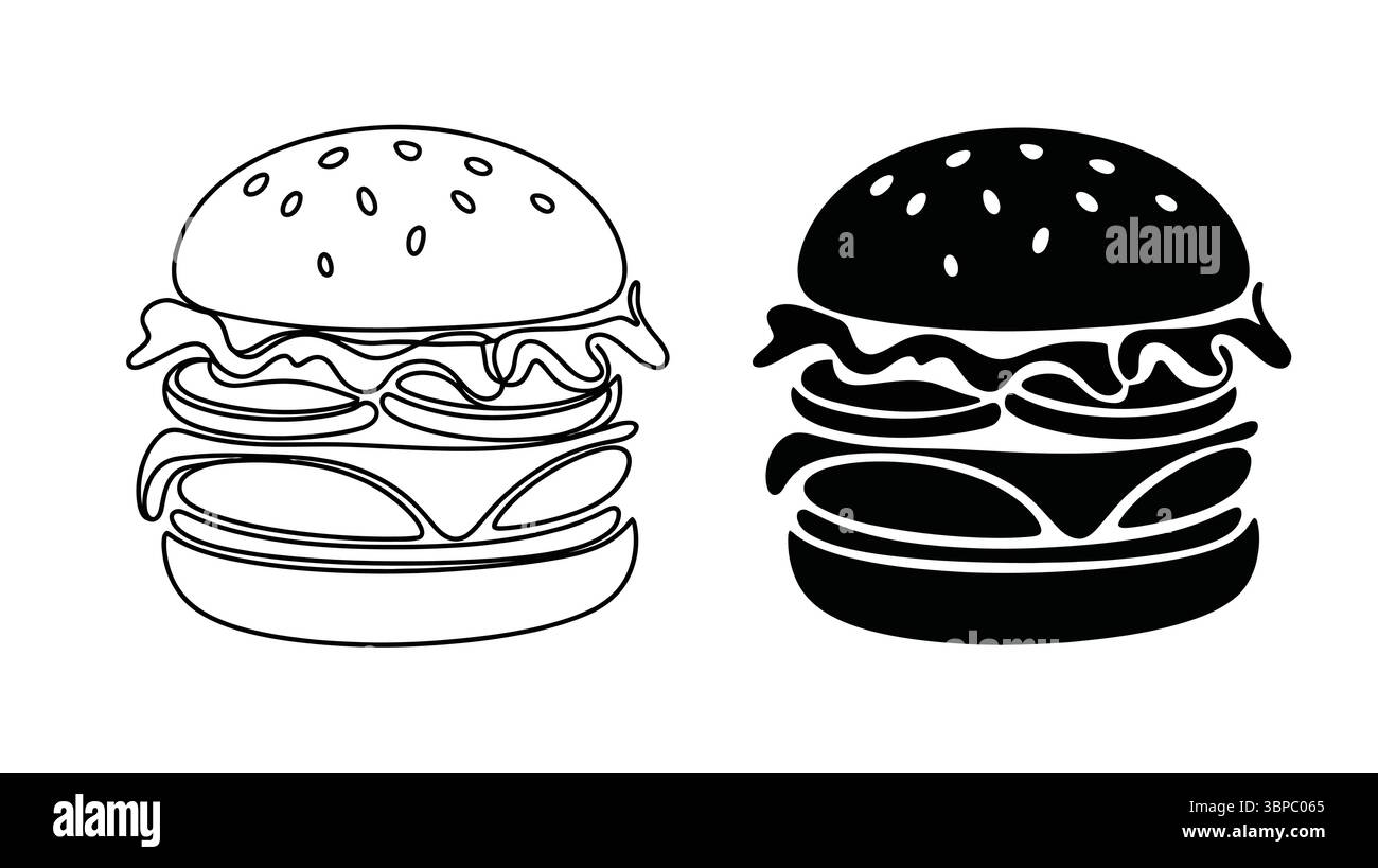Deux illustrations de hamburger l'une en contour et l'autre en noir solide sur un fond blanc d'art vectoriel Illustration de Vecteur