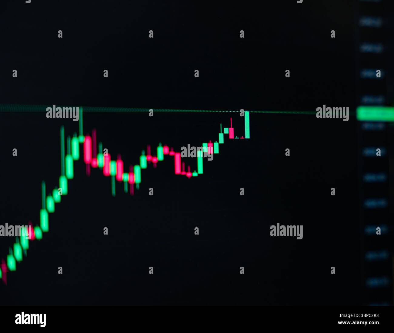 Commerce technique de graphique de signal de chandelier en mouvement rapide avec marché de panique, graphique de ligne de couleur verte et rouge bougie de vente et d'achat pendant l'autobus Banque D'Images