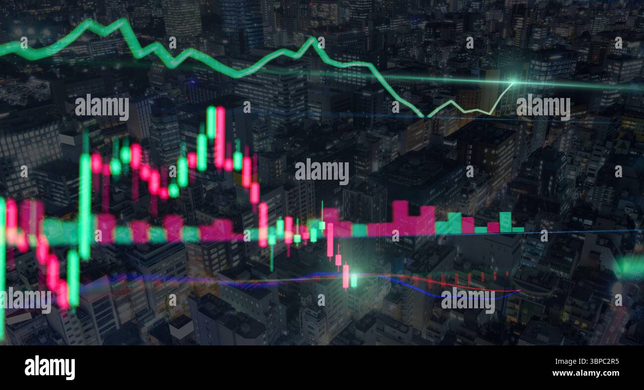 Commerce technique du graphique de signal de chandelier sur la ville illuminée, graphique de ligne de bougie de couleur verte et rouge de vente et d'achat pendant l'heure d'ouverture Banque D'Images