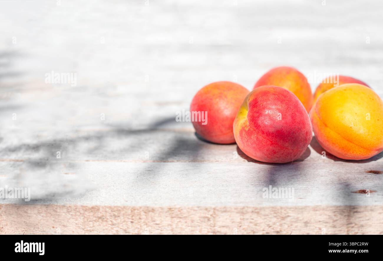 Les abricots mûrs colorés reposent sur une surface en bois ensoleillée. Récolte des fruits. Banque D'Images