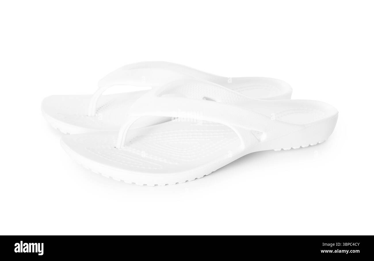 Tongs élégantes isolées sur blanc. Accessoire de plage Banque D'Images