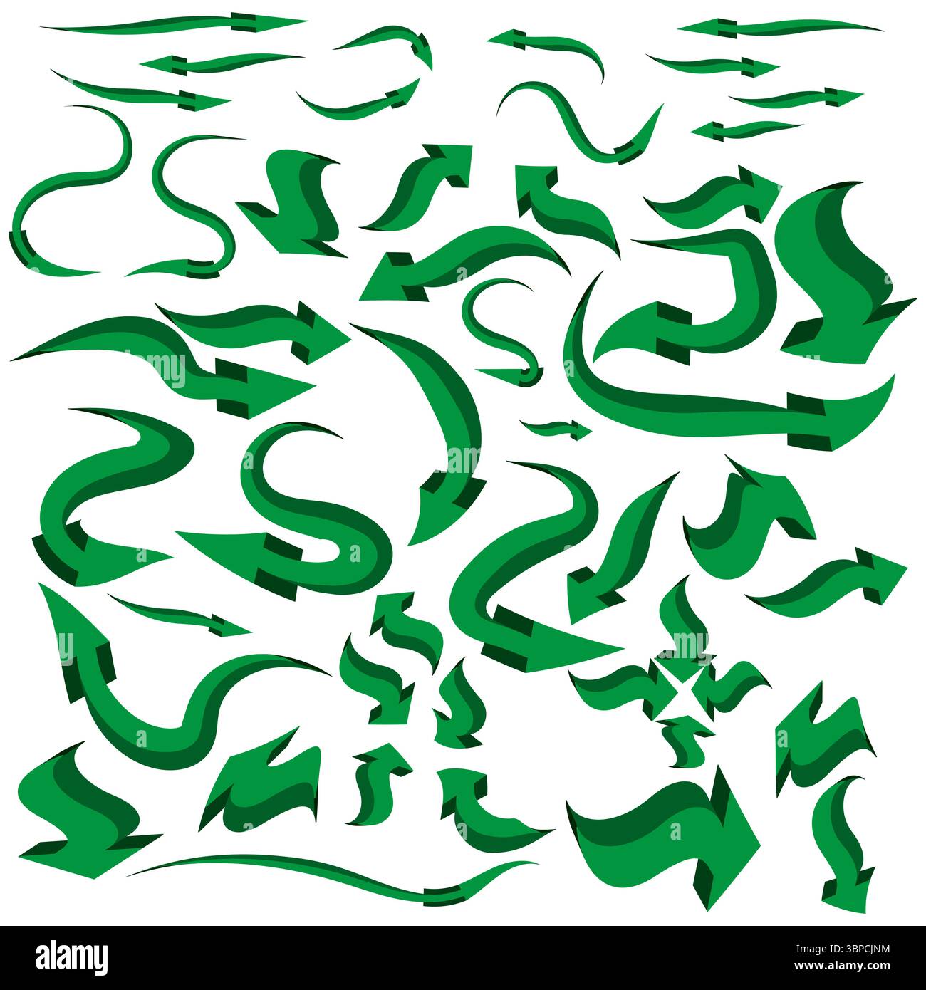 Flèches vertes courbes. Variété de formes fluides. Motifs de mouvement ondulé. Collection de flèches directionnelles. Illustration de Vecteur