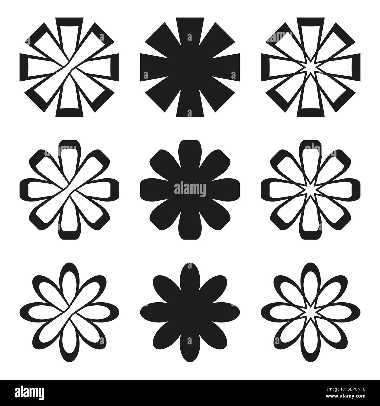 Des formes étoilées. Icônes de fleurs géométriques. Formes circulaires abstraites. Symboles élégants vectoriels. Illustration de Vecteur