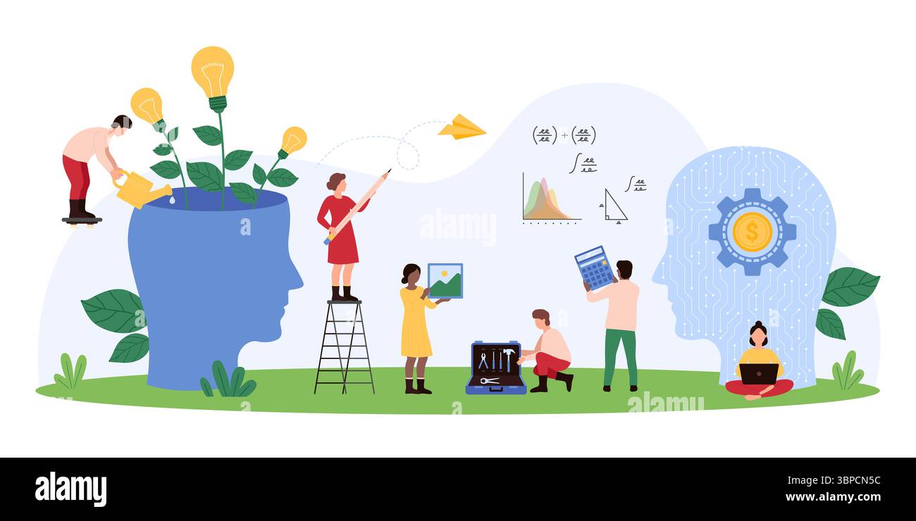 Développement de la pensée créative, nouvelles idées avec le soutien de l’IA, intelligence artificielle. De minuscules personnes cultivent des plantes d'ampoule à l'intérieur de la tête humaine avec l'aide de l'illustration vectorielle de dessin animé assistant virtuel Illustration de Vecteur
