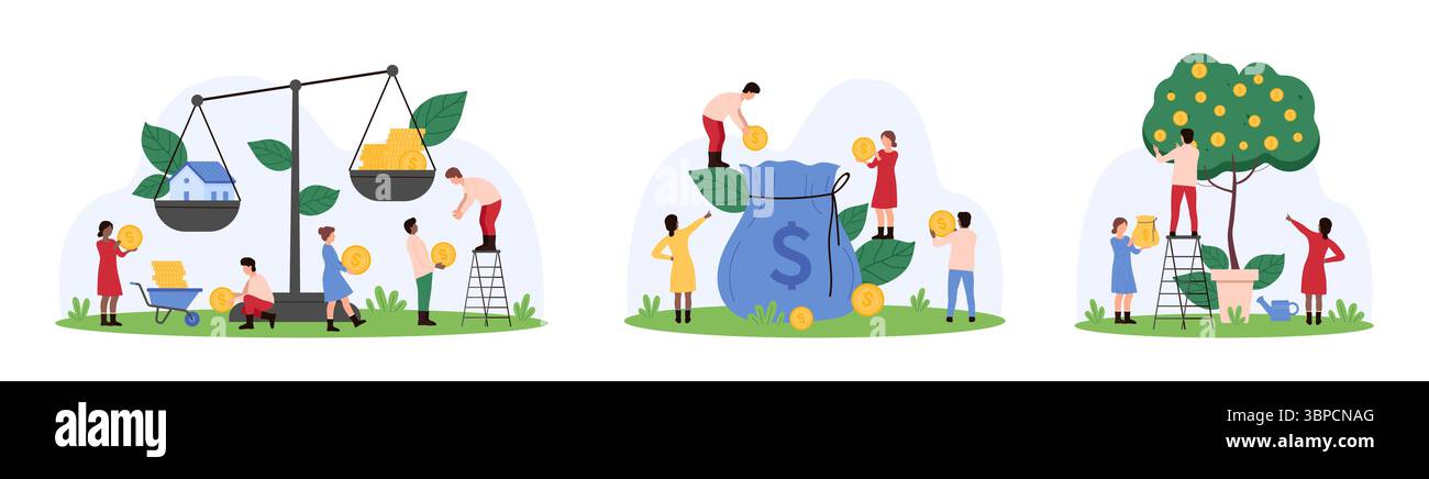 Dépôt bancaire, investissement immobilier et futur de pension, épargne et bénéfice. Les gens minuscules pèsent la maison sur les balances, mettent des pièces d'argent dans le sac, collectent de l'argent à partir de l'illustration vectorielle de dessin animé d'arbre Illustration de Vecteur