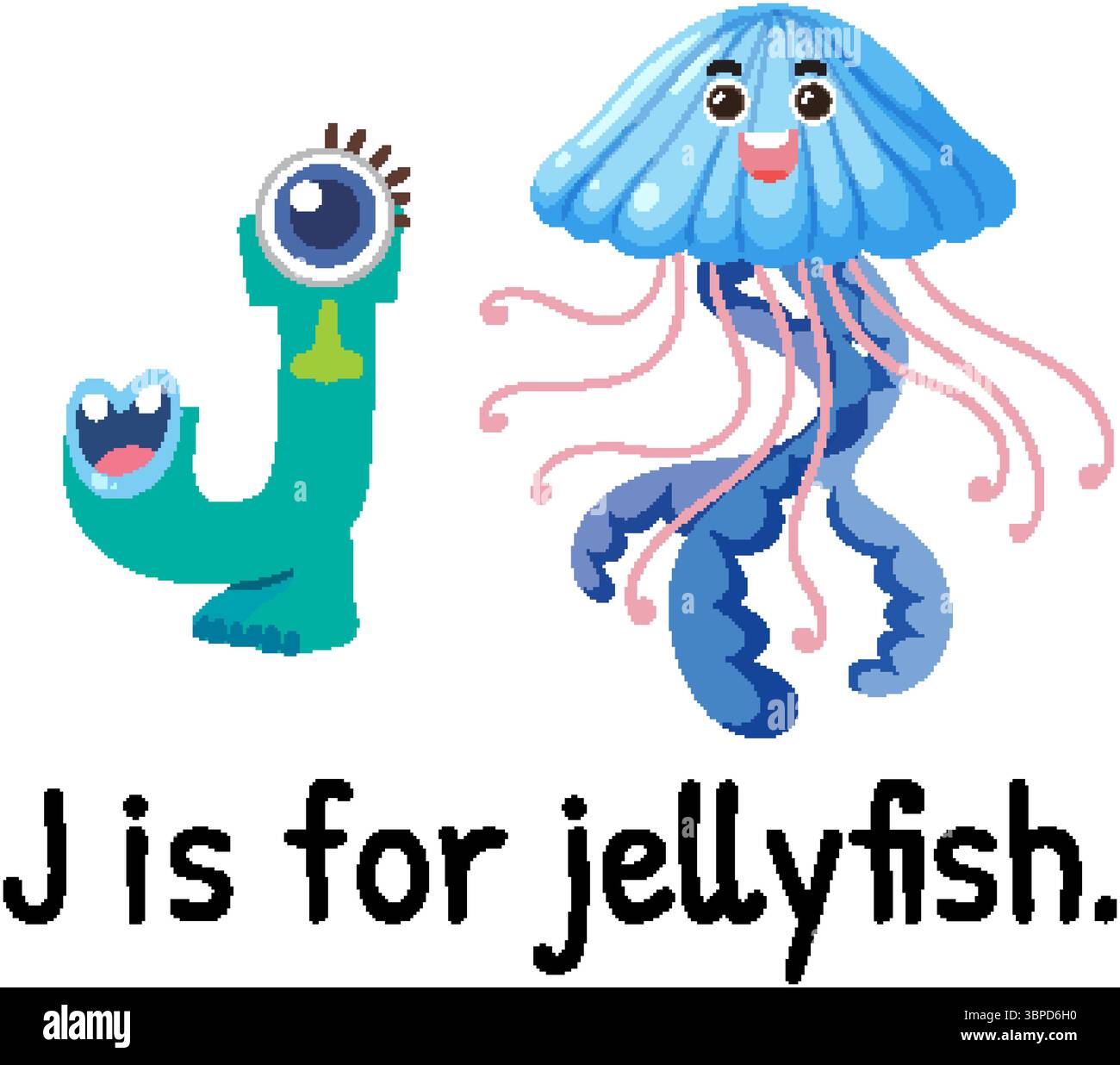 Illustration vectorielle colorée de la lettre J et d'une méduse souriante. Design ludique et éducatif avec des couleurs éclatantes et un style ludique Illustration de Vecteur