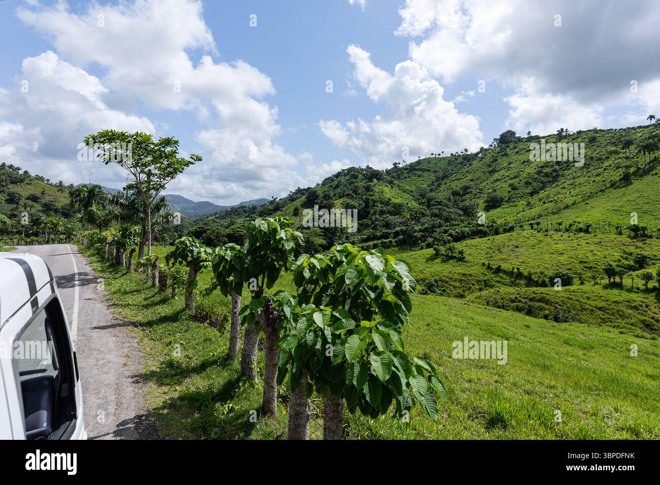 Route rurale pittoresque serpentant à travers des montagnes verdoyantes sous un ciel bleu vif avec des nuages éparpillés en République dominicaine. Banque D'Images