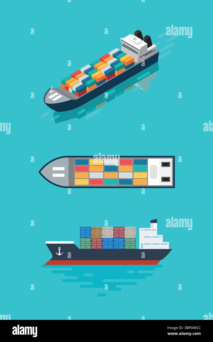 Navire porte-conteneurs en vue en plan, en vue latérale et en vue isométrique. Illustration vectorielle Illustration de Vecteur