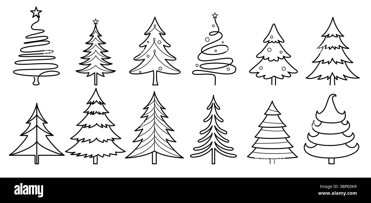 Ensemble de cliparts de contour D'arbre de Noël. Collection d'art clip d'icône de dessin noir d'arbre de Noël pour vecteur de décoration d'art de ligne d'arbre de pin de saison de Noël Illustration de Vecteur