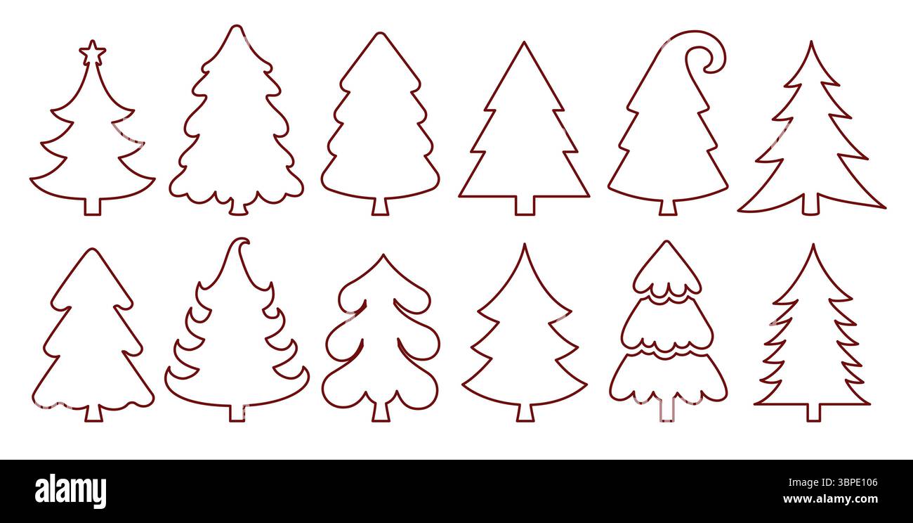 Ensemble de cliparts de contour D'arbre de Noël. Collection d'art clip contour marron d'arbre de Noël pour décoration de Noël simple dessin vecteur d'éléments d'arbre de pin Illustration de Vecteur
