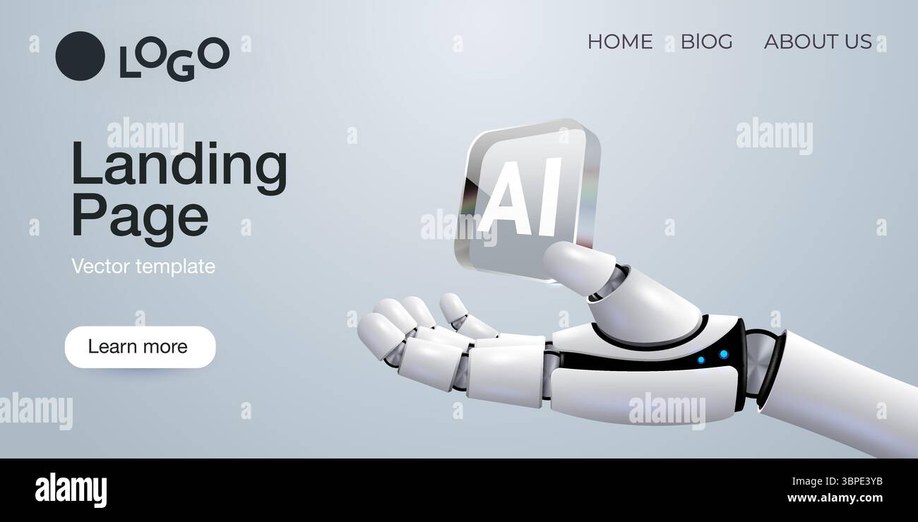 Bannière Web avec processeur de main de robot, technologie, apprentissage automatique, réseau neuronal, Intelligence artificielle, AI. Page d'accueil Vector Illustration de Vecteur