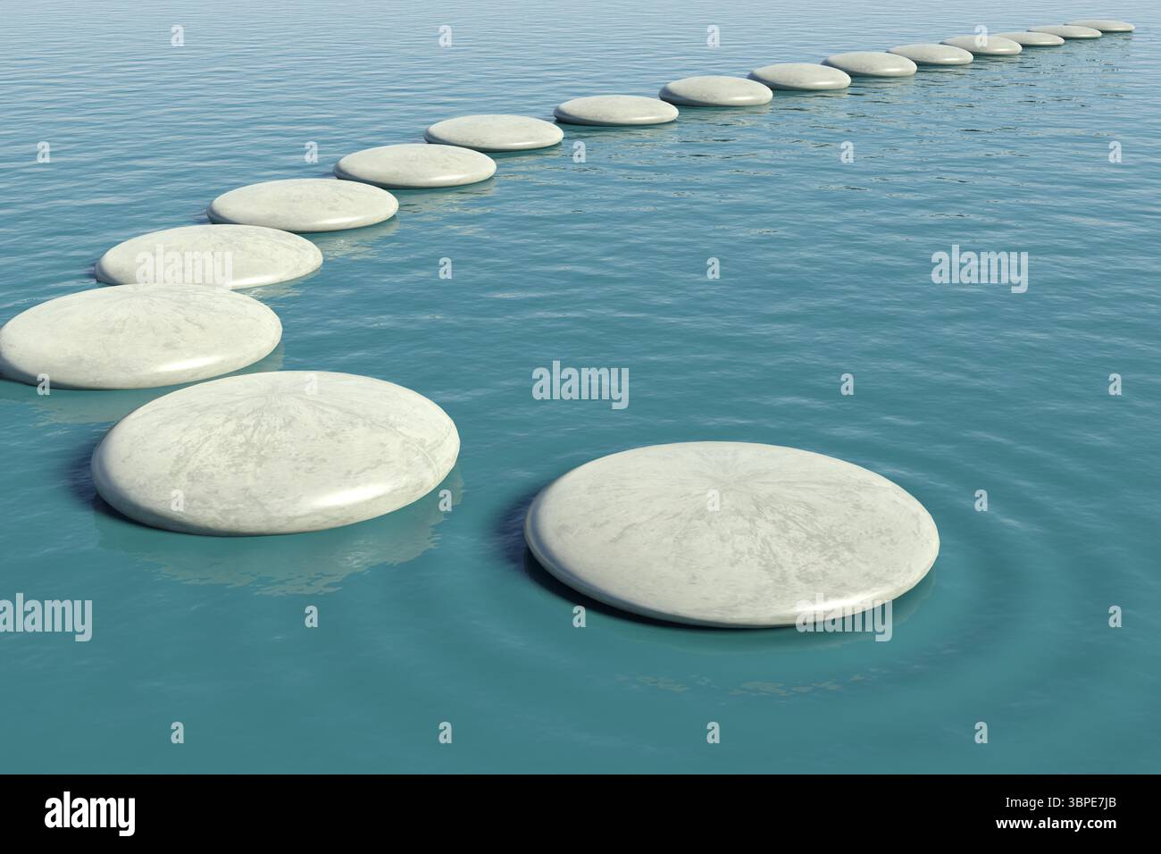 La chaîne de plates-formes circulaires flottantes en pierre se courbe à travers l'eau bleue calme dans un design plat Banque D'Images