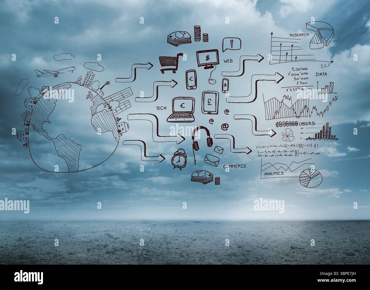 Diagramme dessiné à la main montrant des icônes de commerce et des graphiques analytiques flottant au-dessus de l'horizon Seascape Banque D'Images
