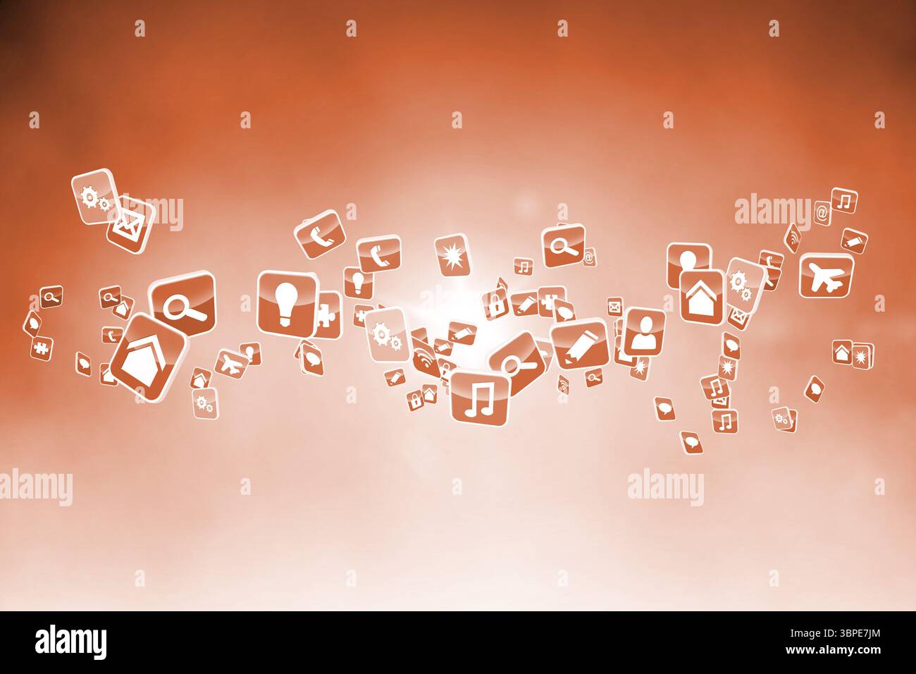 L'illustration plate montre des icônes d'application flottant et coulant sur un fond dégradé orange avec lueur Banque D'Images