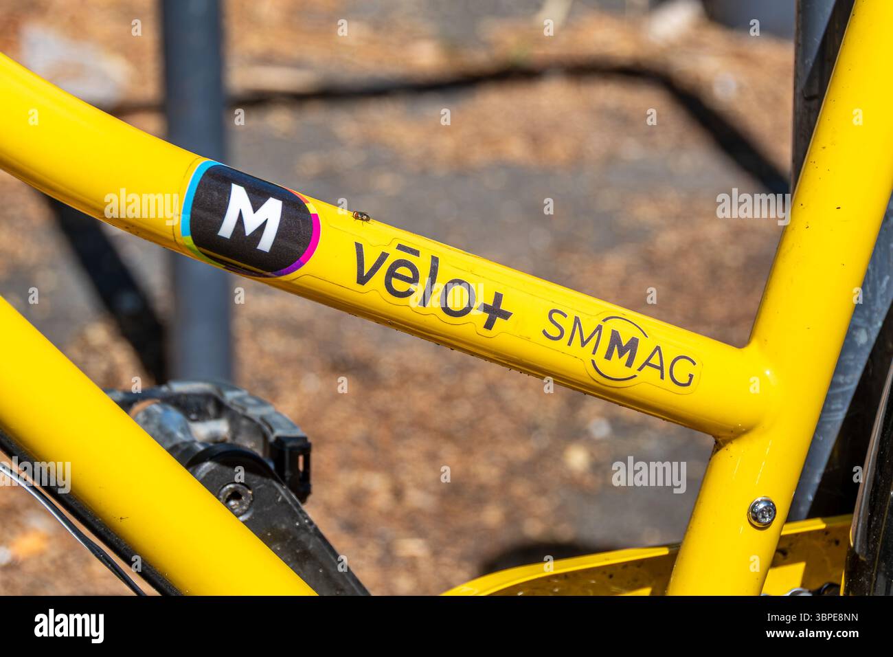 Marquage sur un vélo du réseau Mvélo+ garé dans une rue de Grenoble, France. Mvélo+ est le système de location de vélos pour la région de Grenoble Banque D'Images