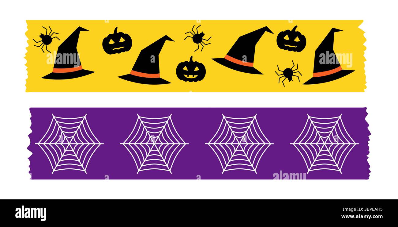Ruban washi violet noir et orange pour Halloween avec de mignonnes araignées citrouilles et chauves-souris volantes. Collection de ruban de masquage vectoriel pour scrapbooking de vacances Illustration de Vecteur