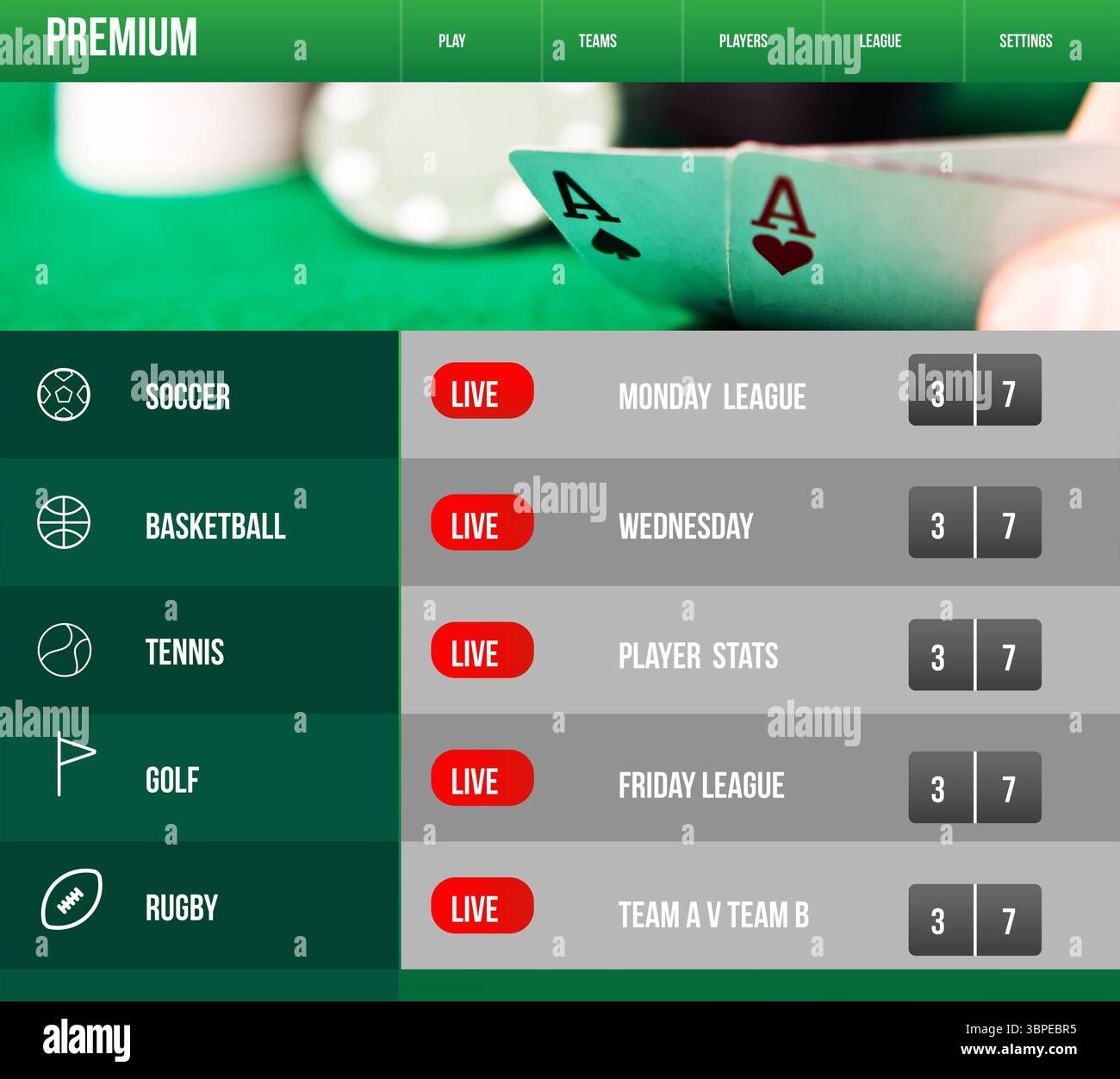 Interface utilisateur plate montrant la main tenant une paire de cartes as sur des jetons flous avec menu sport en direct Banque D'Images