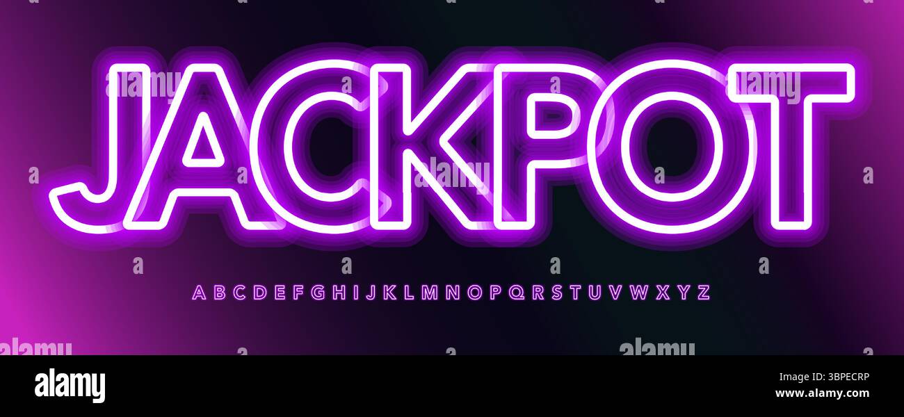 Alphabet fluo violet, lettres de contour 3D éclatantes, police électrique vibrante pour bannière de fente, signe de jackpot, bouton de casino, logo de vie nocturne, texte sexshop Illustration de Vecteur