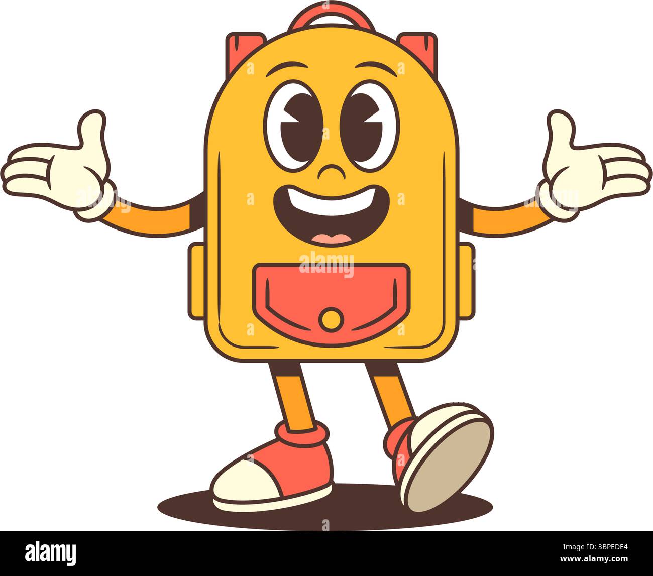 Sympathique mascotte sac à dos se tient avec les bras ouverts grand et un grand sourire, rayonnant de chaleur et d'accessibilité. Parfait pour les projets scolaires, le branding, et Illustration de Vecteur