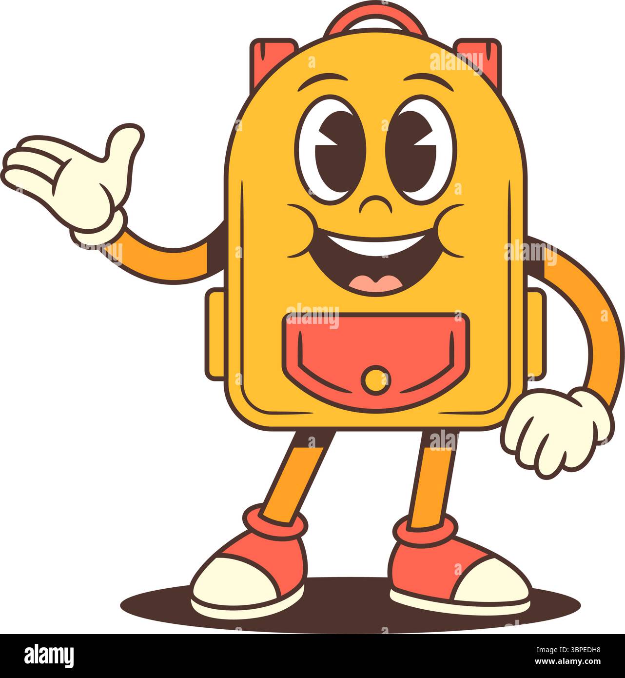 La mascotte du sac à dos souriante ouvre les bras grands dans un geste accueillant, plein de joie et d'enthousiasme. Excellent pour la communauté, l'image de marque de l'école et les jeunes Illustration de Vecteur