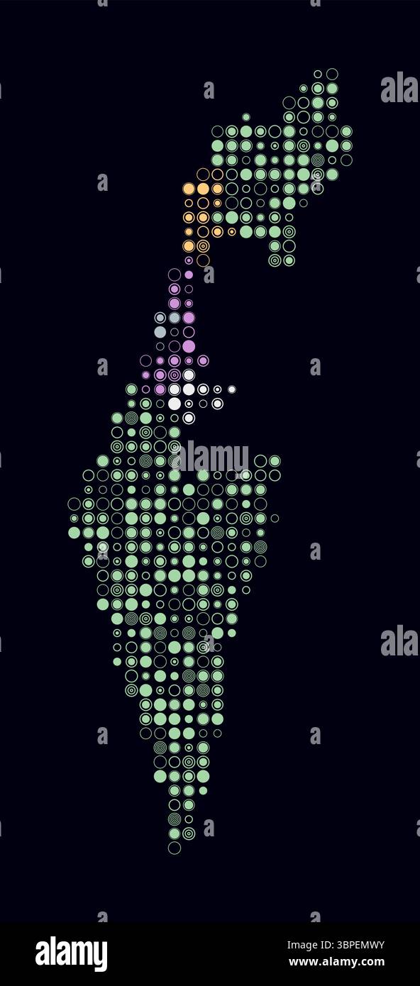 Israël, forme du pays construit de cellules colorées. Carte de style numérique d'Israël sur fond sombre. Blocs circulaires de petite taille. Illustration de Vecteur