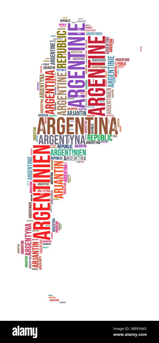 Nuage de mots en forme de pays Argentine. Illustration de pays de style typographique. Image Argentine dans le style nuage de texte. Illustration vectorielle. Illustration de Vecteur