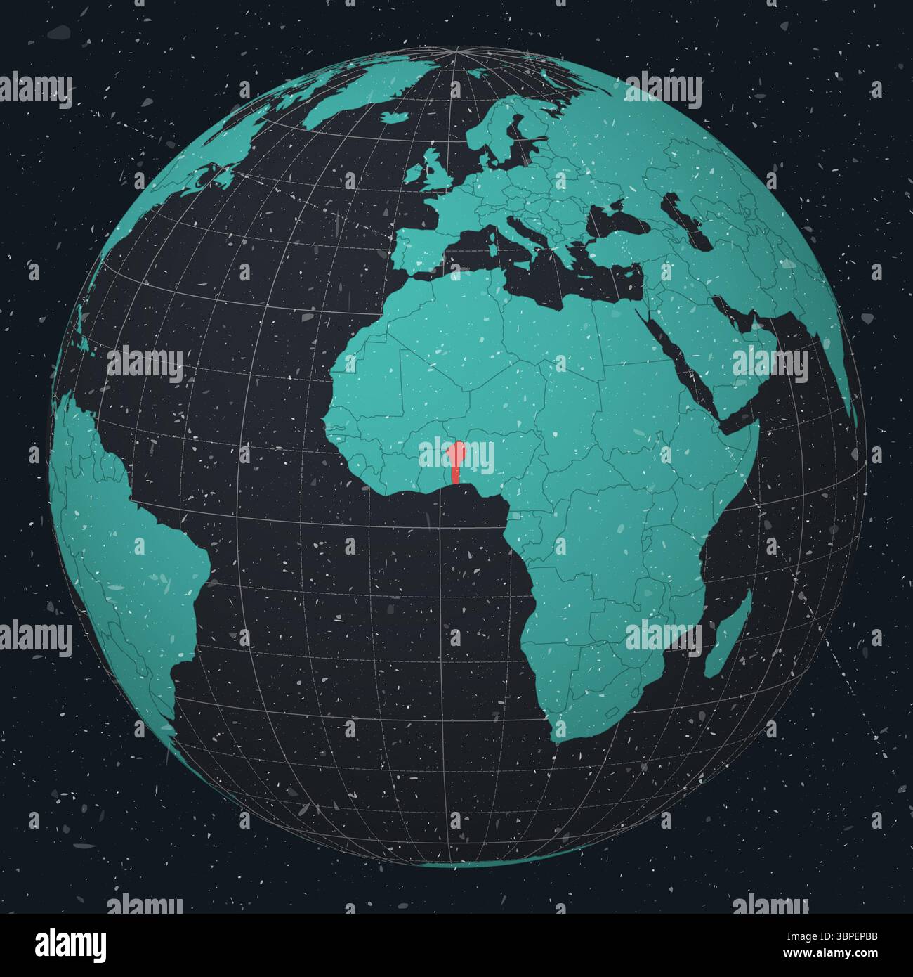 République du Bénin sur Globe. Look vintage avec texture grunge rayée. Vue du pays sur la carte du monde dans la palette de couleurs Turquoise charbon foncé. Illustration de Vecteur