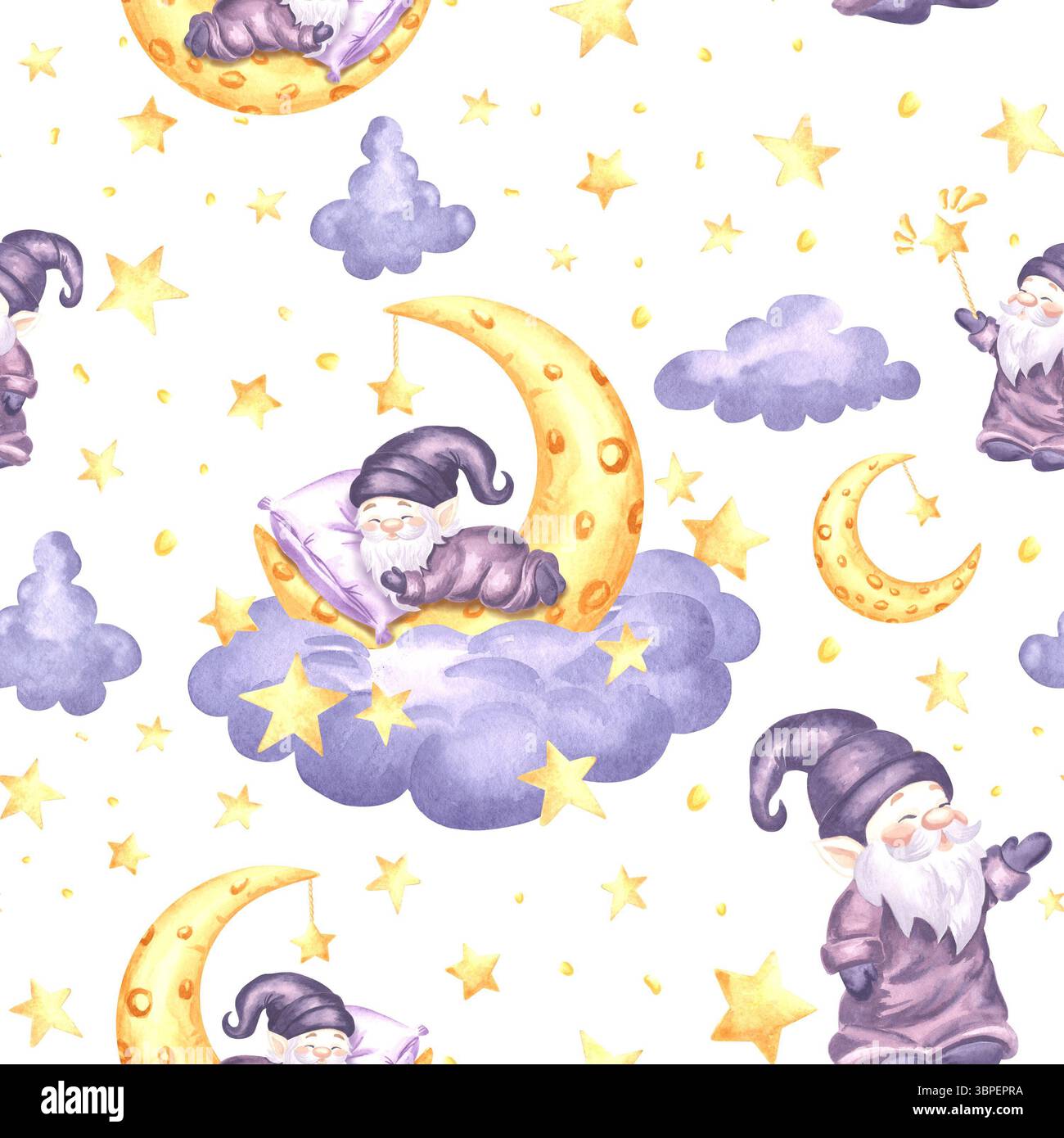 Gnomes mignons dormant sur le croissant de lune dans le nuage avec des étoiles aquarelle motif sans couture pour la conception des enfants. Elfs d'illustration dessinés à la main de rêves de fées Banque D'Images